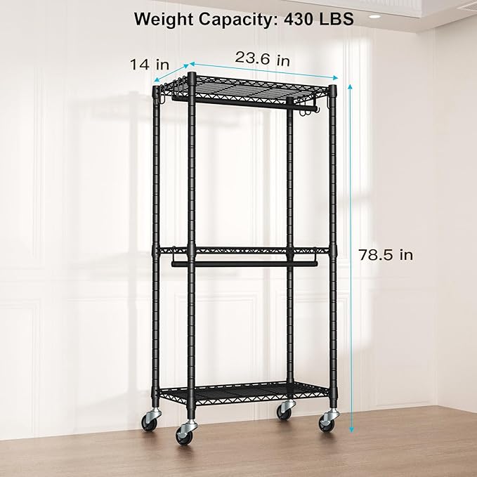 FUTASSI P3 Mini Rolling Clothes Rack, Clothing Racks for Hanging Clothes, Heavy Duty Garment Rack with Wheels, Freestanding Portable Closet Rack 23.6'' W x 14'' D x 78.5'' H, Max Load 430 Lbs, Black