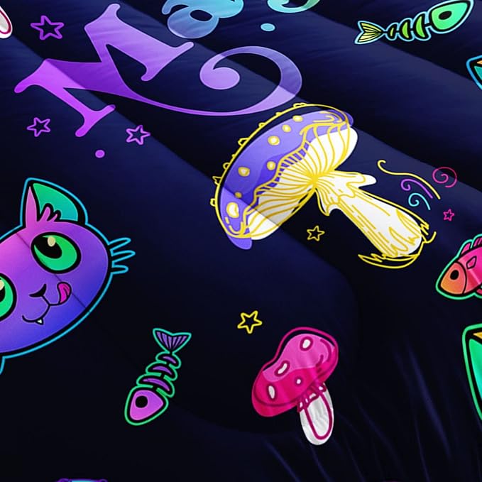 Mushroom Cat Kids Comforter Bedding Set for Boys Girls, Cartoon Mixed Color Mushroom and Cute Cat Fishbone Pattern Comforter with 2 Pillowcases(Mushroom Cat Full)