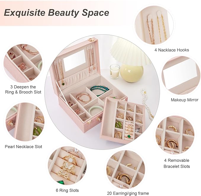Portable Jewelry Box Organizer for Women Girls with PU Leather, Earring Organizer Box with Makeup Mirror for Christmas and New Year Gifts(Pink)