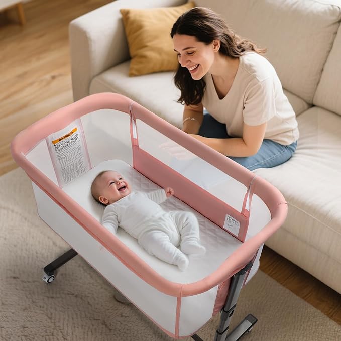 Kinder King Baby Bassinet w/Wheels, Folding Portable Newborn Bedside Sleeper, All-Sided Mesh Infant Crib, Adjustable Height, Removable Soft Mattress, No Tool to Assemble, Pink