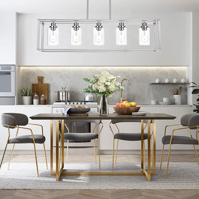 VINLUZ 5 Light Industrial Modern Dining Room Chandelier in Brushed Nickel Finish with Clear Glass Shade Classic Pendant Island Lighting Fixture for Living Room Bedroom