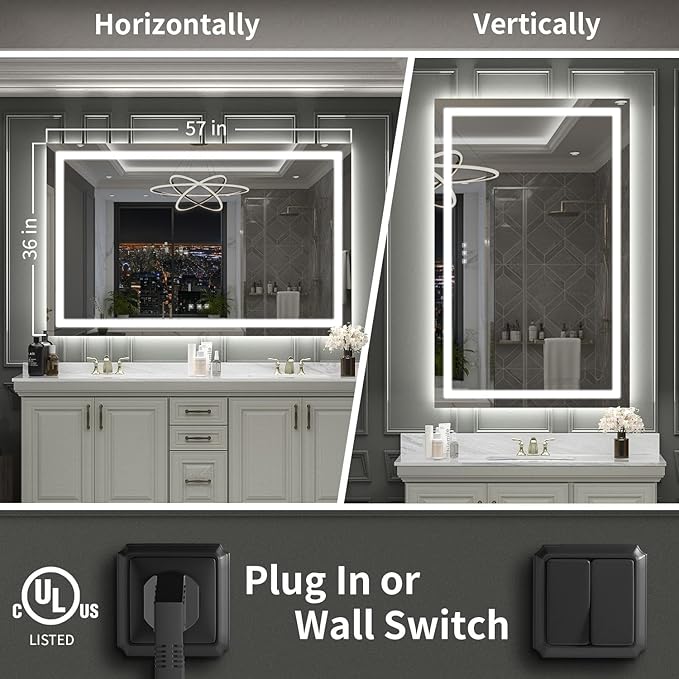 LED Mirror for Bathroom, 57x36 Inch Backlit + Front Lighted Bathroom Vanity Mirror with Lights for Wall, Double Light Strips, 3 Colors, Shatter-Proof, Anti-Fog and Brightness Memory