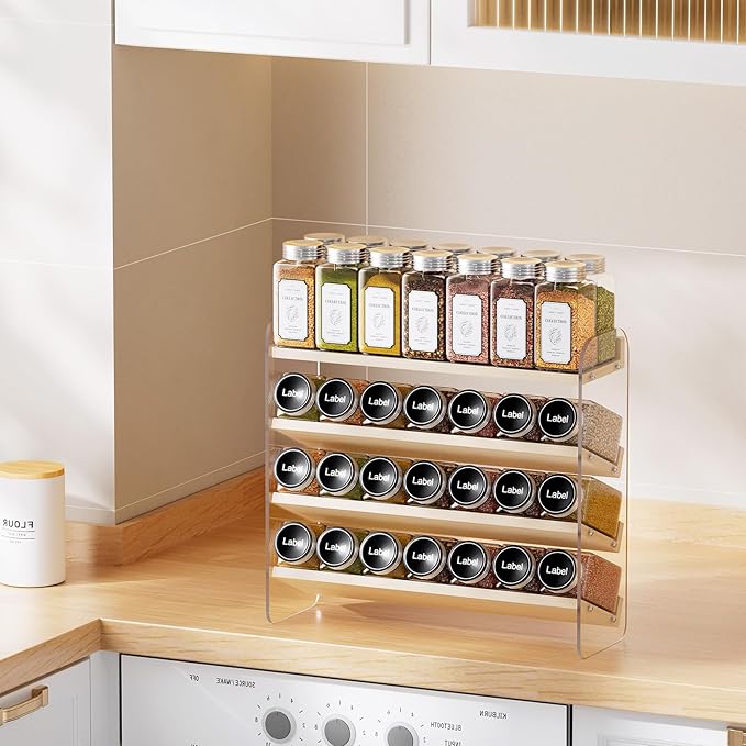 MUDEELA Clear Spice Rack Organizer for Cabinet, 4 Tiered Vertical Spice Shelf, Wooden Material, Seasoning Organizer for Countertop, Kitchen, Pantry, Freestanding, 13.3" W × 11.2" H (No Jars Included)
