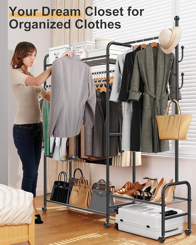 3-In-1 Clothes Racks For Hanging Clothes with Coat Rack, Heavy Duty Clothing Rack with Shelves Load 620Lbs, Portable Garment Racks with Lockable Wheels, Multi-Functional Closet Rack For Bedroom
