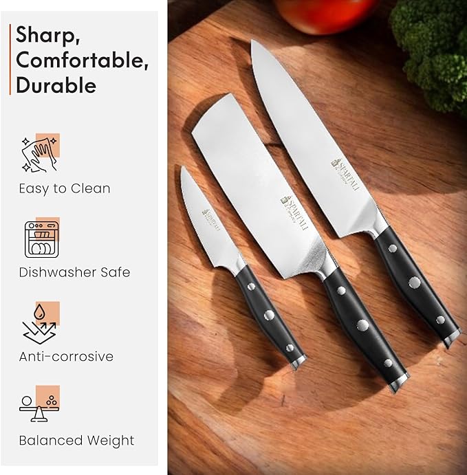 3-Piece Kitchen Knife Set – Includes 8” Chef Knife, 7” Nakiri, 3.5” Paring – High Carbon German Stainless Steel Blades, Ergonomic Handle – Versatile Knife Trio for Chopping, Dicing, and Slicing