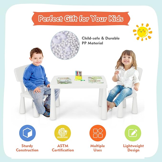 LDAILY Kids Table and Chairs, 3-Piece Children Arts Nursery Furniture for Drawing, Reading, and Painting, Light Weight Plastic Activity Kids Desk and Chair Set for Playroom, Kindergarten (White)
