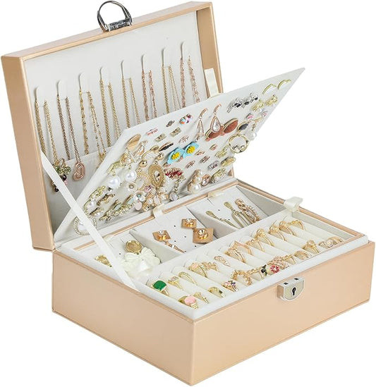 BOOVO Earring Jewelry Box For Women Girl Stud Organizer, 4 Layers Girl Jewelry Organizer Box With Lock Earring Holder Organizer Necklace Ring Jewelry Organizer Box For Girls (Champagne, 4 layer)