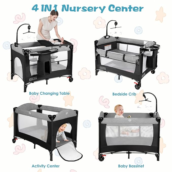 Kinder King 4 in 1 Portable Nursery Center, Foldable Baby Bedside Crib w/Bassinet, Infant Pack n Play Playard Toddler Large Playpen, Newborn Changing Table, Storage Basket, Side Zipper