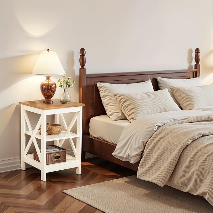 GREEN PARTY End Tables Living Room Set of 2,Side Tables with 3-Tier Storage Shelf, Small Nightstand for Bedroom, Wooden Frame,Small Coffee Table,White