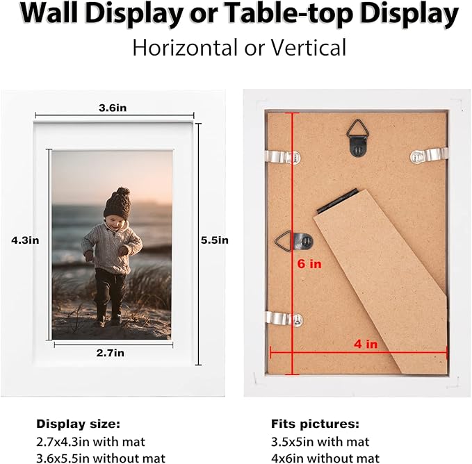 KINLINK 4x6 Frame White, Solid Wood 4 x 6 Picture Frame with Acrylic Plexiglass for 3.5x5 with Mat, Tabletop and Wall Display Photo Frames 4x6 White, 4 Pack