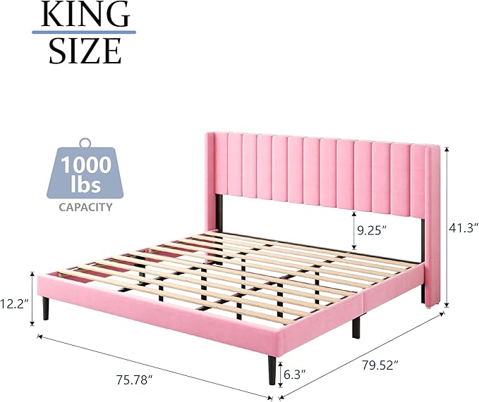 King Size Bed Frame with Wingback Headboard, Upholstered Platform Bed, No Box Spring Needed, Sturdy Wooden Slat Support, Easy Assembly, Pink