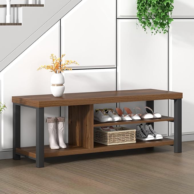 FOLUBAN Entryway Bench, Modern Wood Shoe Bench for Living Room Hallway, Industrial Indoor Shoe Storage Bench Seat, Rustic Walnut, 47 Inch