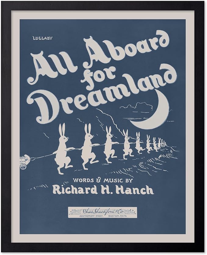 Poster Master All Aboard For Dreamland Poster - Retro Children's Lullaby Print - Story Book Art - Bunny Art - Rabbit Art - Aesthetic Art - Kid's Bedroom or Nursery Wall Decor, 16x20 Black Framed