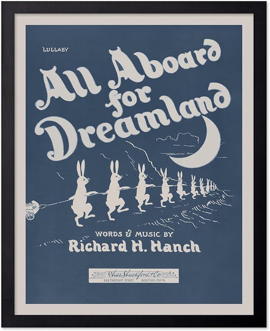 Poster Master All Aboard For Dreamland Poster - Retro Children's Lullaby Print - Story Book Art - Bunny Art - Rabbit Art - Aesthetic Art - Kid's Bedroom or Nursery Wall Decor, 11x14 Black Framed