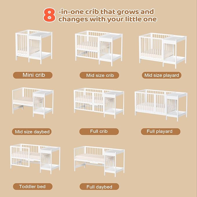 JOYMOR 8 in 1 Convertible Crib with Changer, Include 2” Mattress, Converts to Bassinet, Mid Crib, Full Size Crib, Daybed,Toddler Bed and Playard (Crib with Changer, White)