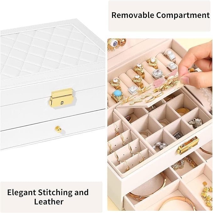 Jewelry Box for Women Girl Wife - Large PU Leather Jewelry Organizer Storage Case with Two Layers Display for Earrings Bracelets Rings Watches (White)