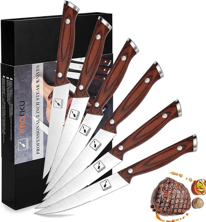 imarku Steak Knives, Serrated Steak knives Set of 6, Japanese HC Steel Knife Set, Premium Serrated Carbon Stainless Steel Steak Knife with Gift Box,9 Inches/Piece, Silver