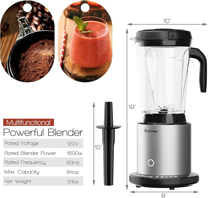 COSTWAY Professional 64oz Countertop Blender, Smoothie Maker Built-in Self-Cleaning with 10 Speed Control & 8 Pre-Set Programs, Pitcher, Crushing Blender for Smoothies, Frozen Fruit, 1500W