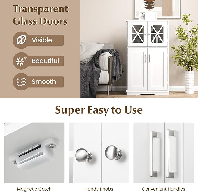 Tangkula Freestanding Floor Cabinet w/2 Glass Doors, 3-Level Adjustable Shelves, Anti-toppling, Kitchen Pantry Cupboard for Bathroom & Living Room (White)