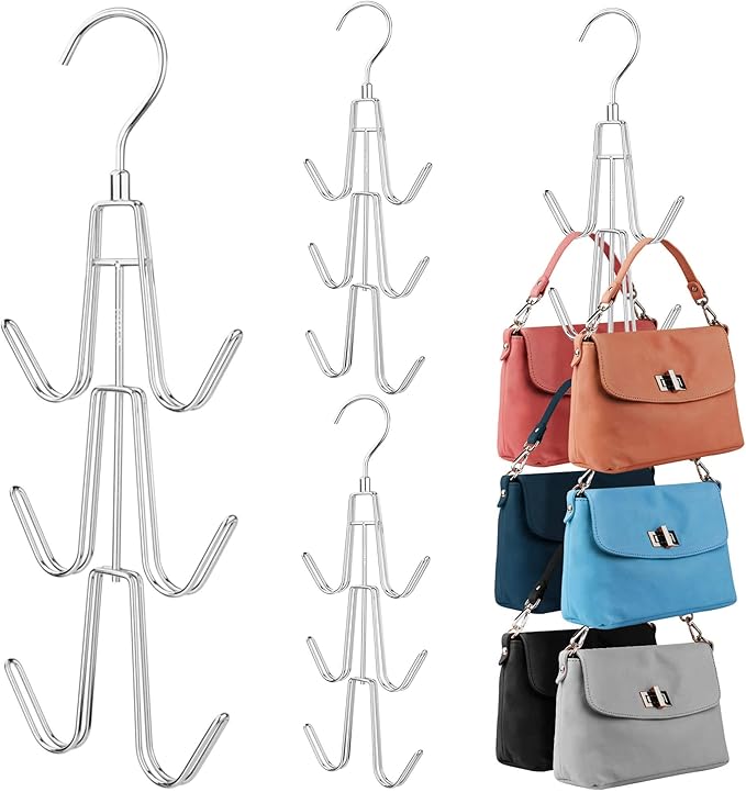 ZEDODIER Purse Hanger Organizer for Closet, 4 Pack Hanging Bag Holder, Keeping Purses Visible and in Good Condition, Metal Handbag Storage Hook Backpack Rack Space Saving Hanger, Silver