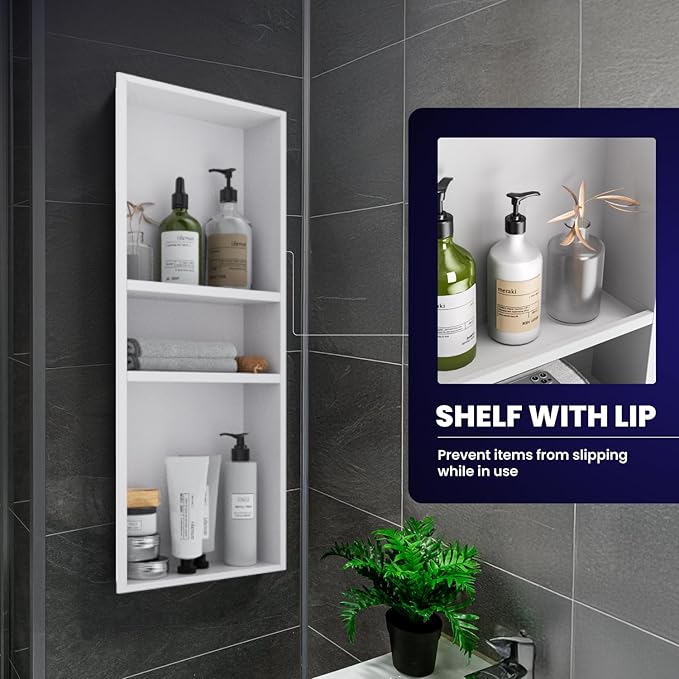 Stainless Steel Shower Niche 12" x 30", 3-Tier Shower Niches No Tile Needed, Recessed Niche for Shower Wall, Shower Niche Shelf for Bathroom Storage, White