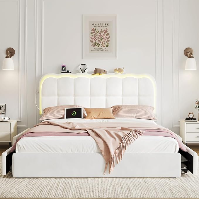 Queen Size Bed Frame with 4 Storage Drawers and LED, Adjustable Clouds Headborad,Velvet Upholstered Platform Queen Bed Frame with Charing Station,Wood Slats Support, No Box Spring Needed,White