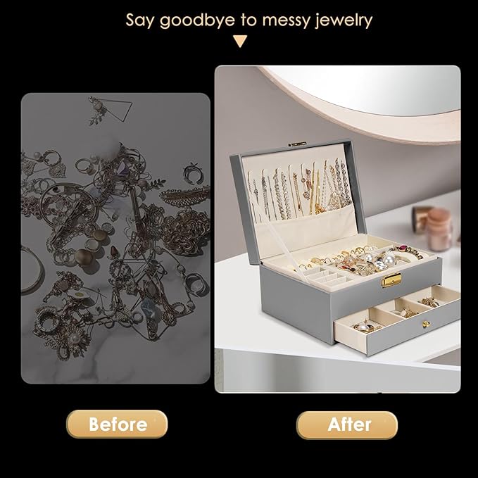 Jewelry Box for Women Girl Wife - Large PU Leather Jewelry Organizer Storage Case with Two Layers Display for Earrings Bracelets Rings Watches (Grey)