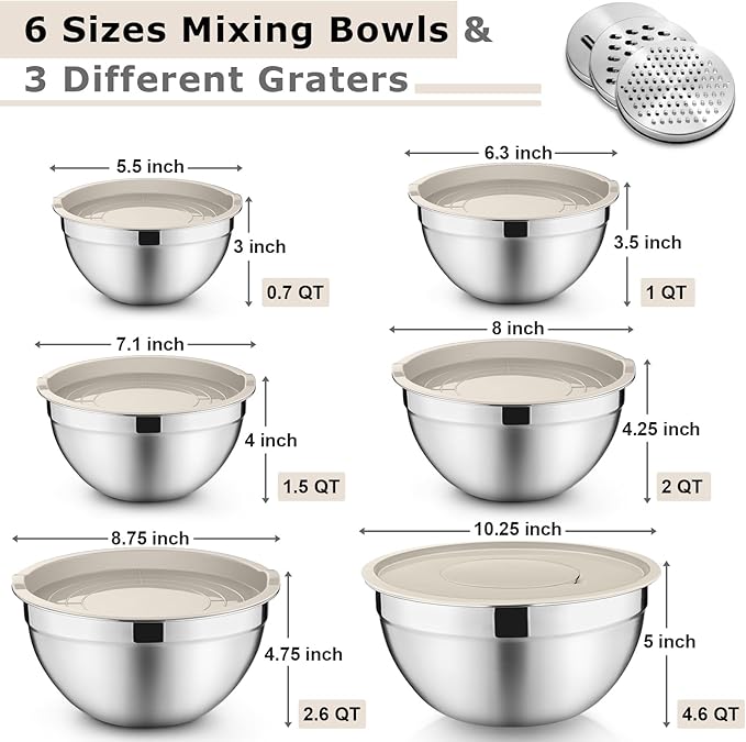 P&P CHEF Mixing Bowls with Lids Set of 6, Stainless Steel Nesting Salad Bowl & 3 Grater Attachments for Prepping Storing, 4.6/2.6/2/1.5/1/0.7 QT, Khaki