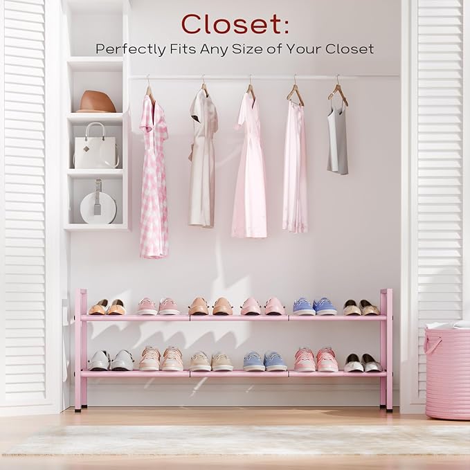 Bumusty 2-Tier Long Expandable Shoe Rack for Closet, 18"-44" Adjustable Shoe Rack for Entryway, 10-12 Pairs Large Shoe Organizer Shelf Storage, Sturdy Metal, Pink