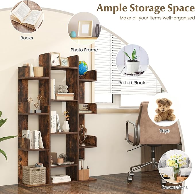 Tangkula Freestanding Tree Bookshelf, Corner Storage Organizer with 13 Open Shelves, Decorative Display Cube Shelf for Living Room, Study, Office, 34 x 9.5 x 55.5 Inch (1, Rustic Brown)