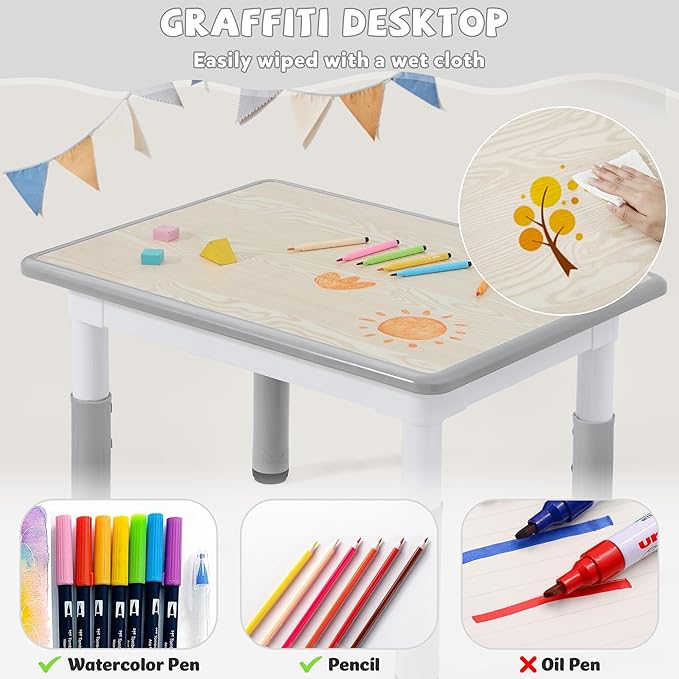 Adjustable Kids Table Chairs Set – Graffiti Desktop, Multi-Activity Height-Adjustable Toddler Study Desk for Ages 3-8 – Ideal for Home, Classroom, Daycare (W-Gray, 4 Chairs-31.5" L x 23.6" W)