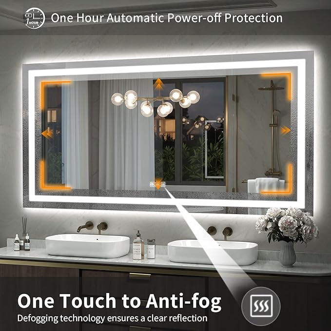 LED Mirror for Bathroom, 66x36 Inch Backlit + Front Lighted Bathroom Vanity Mirror with Lights for Wall, Double Light Strips, 3 Colors, Shatter-Proof, Anti-Fog and Brightness Memory