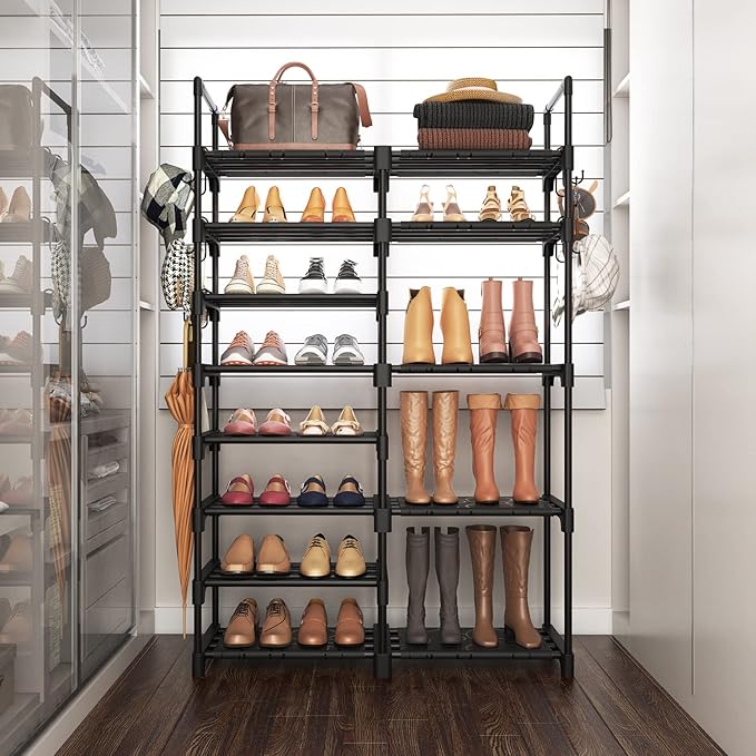 ROJASOP Shoe Rack Organizer, 8-Tier Metal Shoe Rack for Closet Entryway Garage, 26-32 Pairs Tall Shoe Boot Storage Shelf with 15 Hooks, Stackable Large Shoe Stand