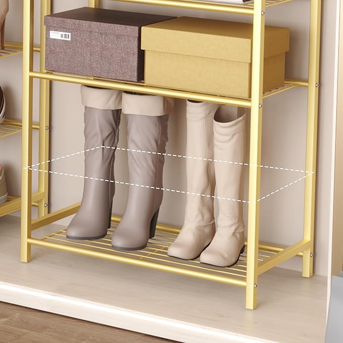 HOMEFORT 5-Tier Shoe Rack, Shoe Storage Shelf, Industrial Shoe Tower, Narrow Shoe Organizer for Closet Entryway, Small Shoe Rack Table with Durable Metal Shelves, Gold