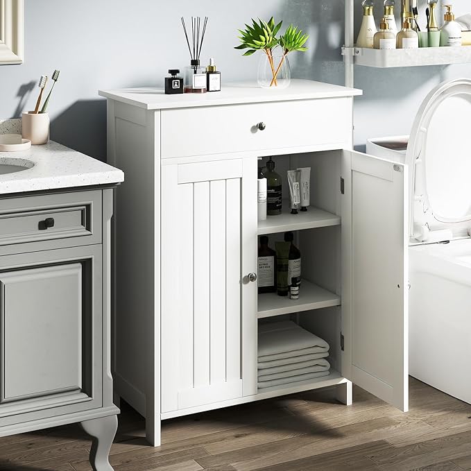 Giantex Storage Cabinet, White Bathroom Cabinet with 2 Doors, 1 Drawer, 3-Level Adjustable Shelf, Modern Wooden Storage Organizer for Laundry Room, Entryway, Living Room
