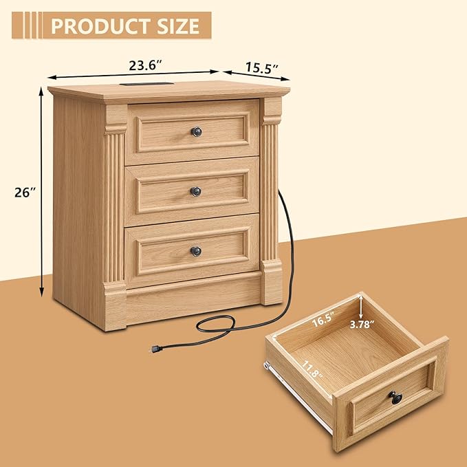 26" Tall 2 Drawers Dresser for Bedroom, Farmhouse 23.6" Wide Large Nightstand with Charging Station, Wood Rustic Side Table w/Roman Column, End Table for Bedroom, Living Room, Natrual