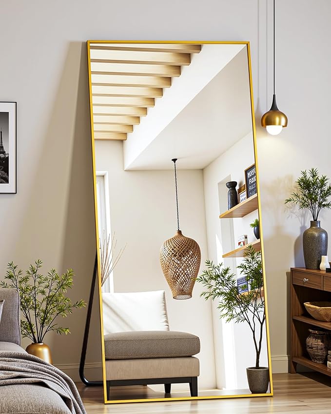 Suidia Full Length Mirror, 58"x18" Floor Standing Mirror Freestanding, Full Body Mirrors with Stand for Bedroom, Hanging Mounted for Living Room Cloakroom, Gold, Rectangular Style