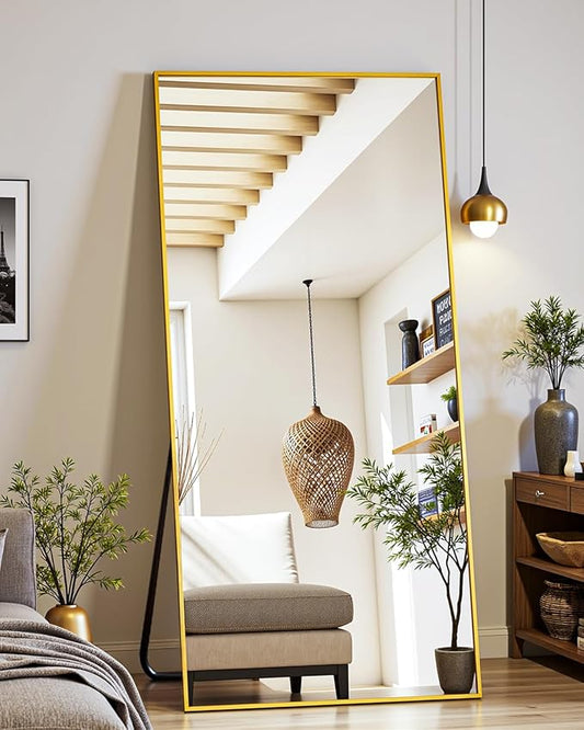 Suidia Full Length Mirror, 58"x18" Floor Standing Mirror Freestanding, Full Body Mirrors with Stand for Bedroom, Hanging Mounted for Living Room Cloakroom, Gold, Rectangular Style