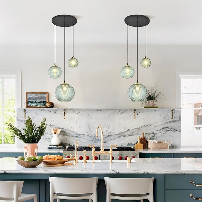 KCO Lighting Vintage Green Glass Chandelier 3 Light Pendant Light Fixtures Farmhouse Striped Glass Pendant Light Gold and Black Hanging Lights Multi Light Cluster Pendant Lighting