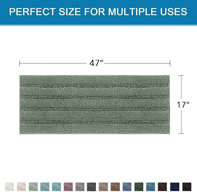 H.VERSAILTEX Bath Rugs for Bathroom Non Slip Bath Mats Extra Thick Chenille Striped Bath Rug Runners 47" x 17" Absorbent Fluffy Soft Shaggy Mats Dry Fast Plush Area Carpet for Bath Room - Green Bay