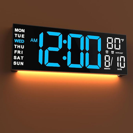 JALL 16" Large Digital Wall Mount Clock, Count Down Timer, Alarm, Big LED, RGB Color, DST, Temperature for Living Room Classroom Desk, Xmas, Birthday Gift for Senior Mom Dad (Blue White, 16 inches)