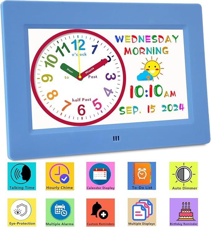 MASSII 2025 Digital Teaching Clock Talking Time, 24 Alarms Custom Reminders, Checklist to-Do List, Auto DST & Calendar Display, Sleep Trainer, Easy to Use for Kids Birthday Gift- Blue with Remote