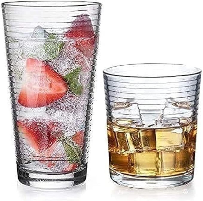 Glaver's Drinking Glasses Set of 12. Everyday Mixed Drinkware Set. 6, 17 oz Tall Kitchen Glass Cups, 6,13 Oz Rocks Whiskey Glasses. Heavy Duty Ribbed Glassware Set for Cocktail Beer, Juice, Water.