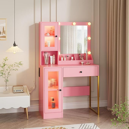 Vanity Desk with Mirror and Lights, Makeup Dressing Table w/Adjustable Bulbs, Outlets & USB Ports, Sturdy MDF Top & Metal Leg, Smart Storage Drawers & Cabinets for Bedroom