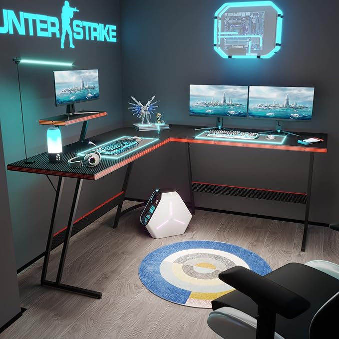 Homall L Shaped Gaming Desk Computer Corner Desk PC Gaming Desk Table with Large Monitor Riser Stand for Home Office Sturdy Writing Workstation (Black, 57 Inch)