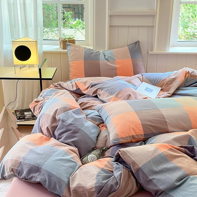 FACE TWO FACE Bedding Duvet Cover Set100% Washed Cotton Duvet Cover Linen Like Textured Breathable Durable Soft Comfy (King, Cookie Powder Grid)