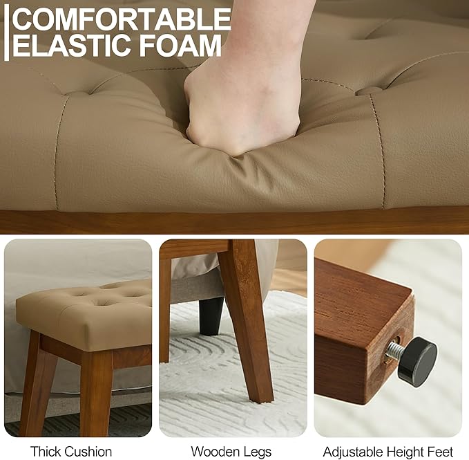 43.5'' Faux Leather Bedroom Bench, Upholstered End of Bed Bench with Tufted Button, Padded Vintage Dining Bench, Entryway Bench with Solid Wood Legs, Kitchen, Living Room, Hallway, Light Brown Tufted