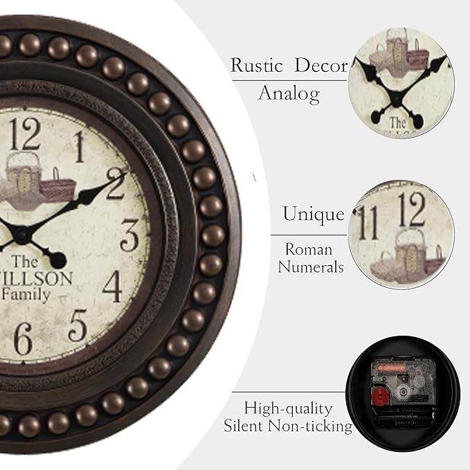 Large Farmhouse Wall Clock,20 inch Rustic Roman Numeral Big Wall Clock for Living Room, Kitchen, Living Room, Bedroom,Battery Operated, Dark Bead Brown