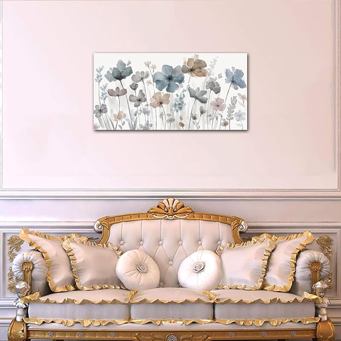 Elegant Flowers Canvas Wall Art - Floral Pictures for Wall Decor Indigo Brown Grey Canvas Painting Nature Printing Artwork for Living Room Bedroom Home Office Wall Decoration 20" x 40"
