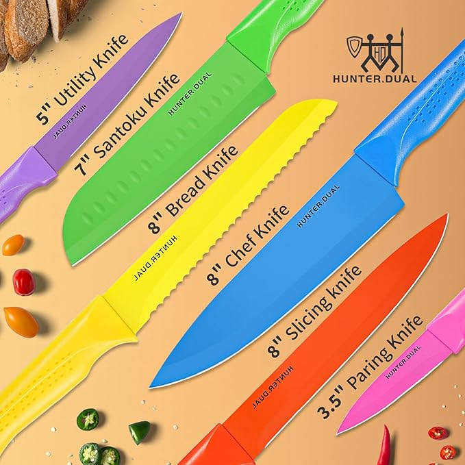 Knife Set, 12-PC Colorful Kitchen Knife Set, 6 Sharp Kitchen Knives with Built-in Sharpener Covers for Cooking, Cutting&Chopping (Multicolor)